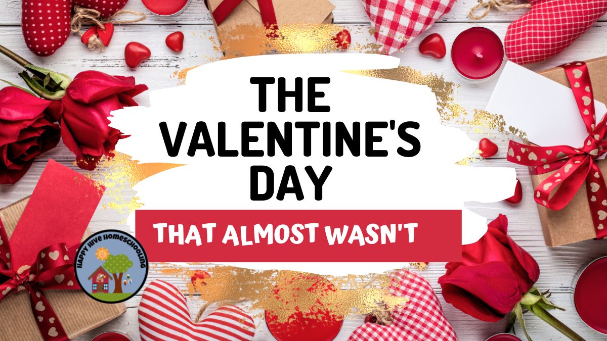 A flat lay of red roses, heart decorations, and gift boxes with the text "THE VALENTINE'S DAY THAT ALMOST WASN'T" in a bold design.
