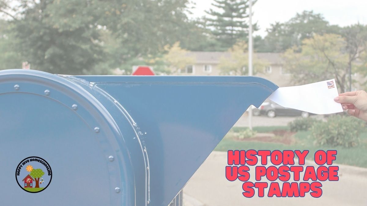 A hand placing a letter into a blue mailbox, with the text "HISTORY OF US POSTAGE STAMPS" in red on the right.