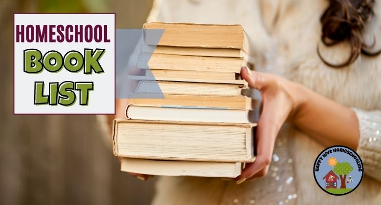 A person holds a stack of books with the text "HOMESCHOOL BOOK LIST" in a colorful font beside them.