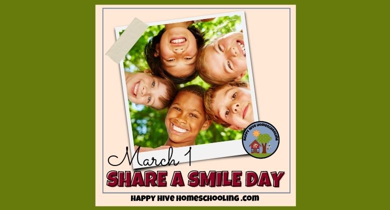 Five smiling children with diverse backgrounds peering down from above, framed by a polaroid-style border; text reads, "March 1 SHARE A SMILE DAY."