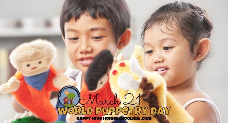 Two children holding colorful hand puppets, smiling as they engage with them. Text reads: "March 21 WORLD PUPPETRY DAY".
