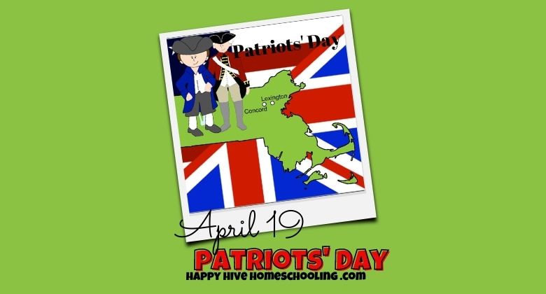 Illustration of Patriots' Day with a colonial soldier, a map of Massachusetts, and British flag elements. Text reads "Patriots' Day" and "April 19".