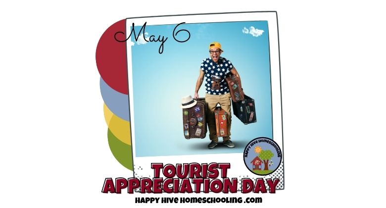 A person in a polka dot shirt holds two suitcases adorned with travel stickers, with "TOURIST APPRECIATION DAY" below.