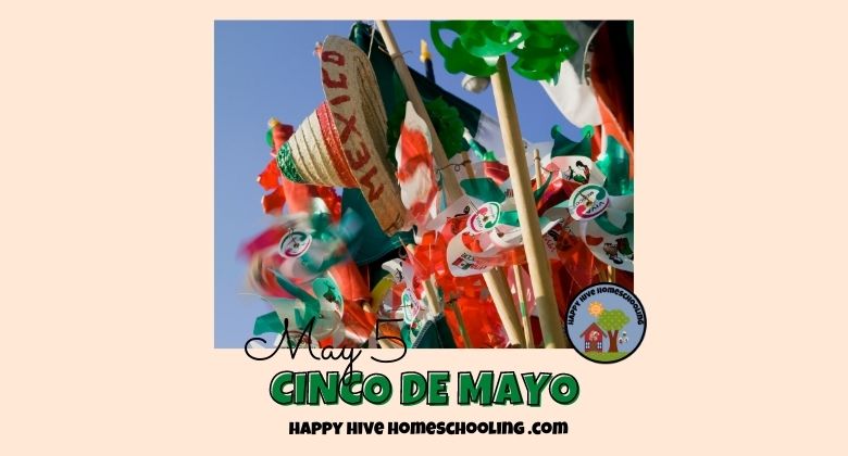 Colorful flags and sombreros flutter against a blue sky, with text reading "May 5 CINCO DE MAYO" at the bottom.