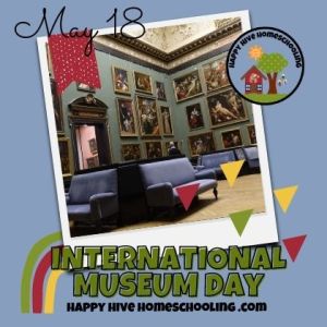 Mainly blue background featuring a museum interior with art on the walls, text “INTERNATIONAL MUSEUM DAY” and date “May 18”.
