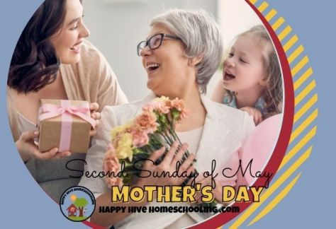 A smiling grandmother receives flowers and a gift from two girls, celebrating Mother's Day. Text: "Second Sunday of May MOTHER'S DAY."