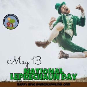 A joyful leprechaun in a green suit jumps in the air against a cloudy sky. Text reads, "NATIONAL LEPRECHAUN DAY."