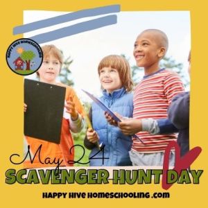 Three children outdoors, smiling and holding clipboards. Text: "May 24 SCAVENGER HUNT DAY" on a yellow background.