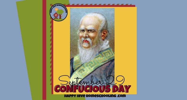 Portrait of Confucius with a white beard and traditional robes on a yellow background. Text: "September 29 CONFUCIUS DAY."