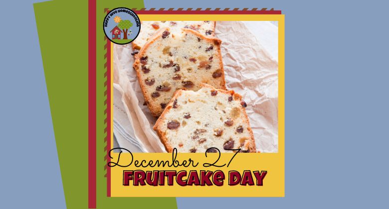 Slices of fruitcake on crinkled paper with the text "December 27 FRUITCAKE DAY" on a colorful background.