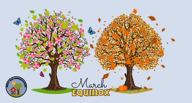 Two trees side by side: one with pink blossoms and green leaves, the other with orange leaves and falling autumn leaves. "March Equinox" is centered below.