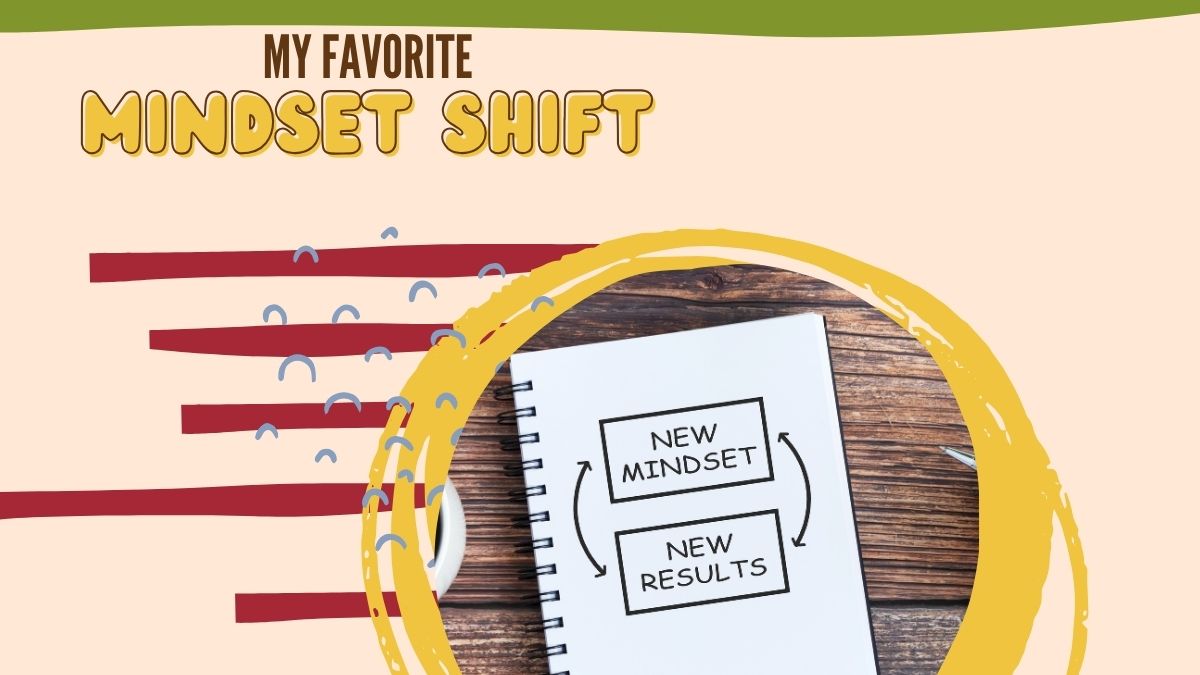 Notebook with 'NEW MINDSET' and 'NEW RESULTS' text, surrounded by colorful graphics and stripes on a light background."