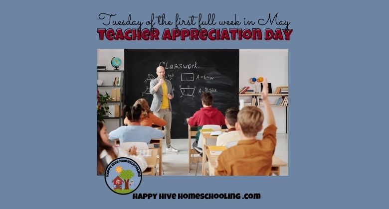 A teacher stands by a blackboard, directing students seated at desks; text reads "TEACHER APPRECIATION DAY."