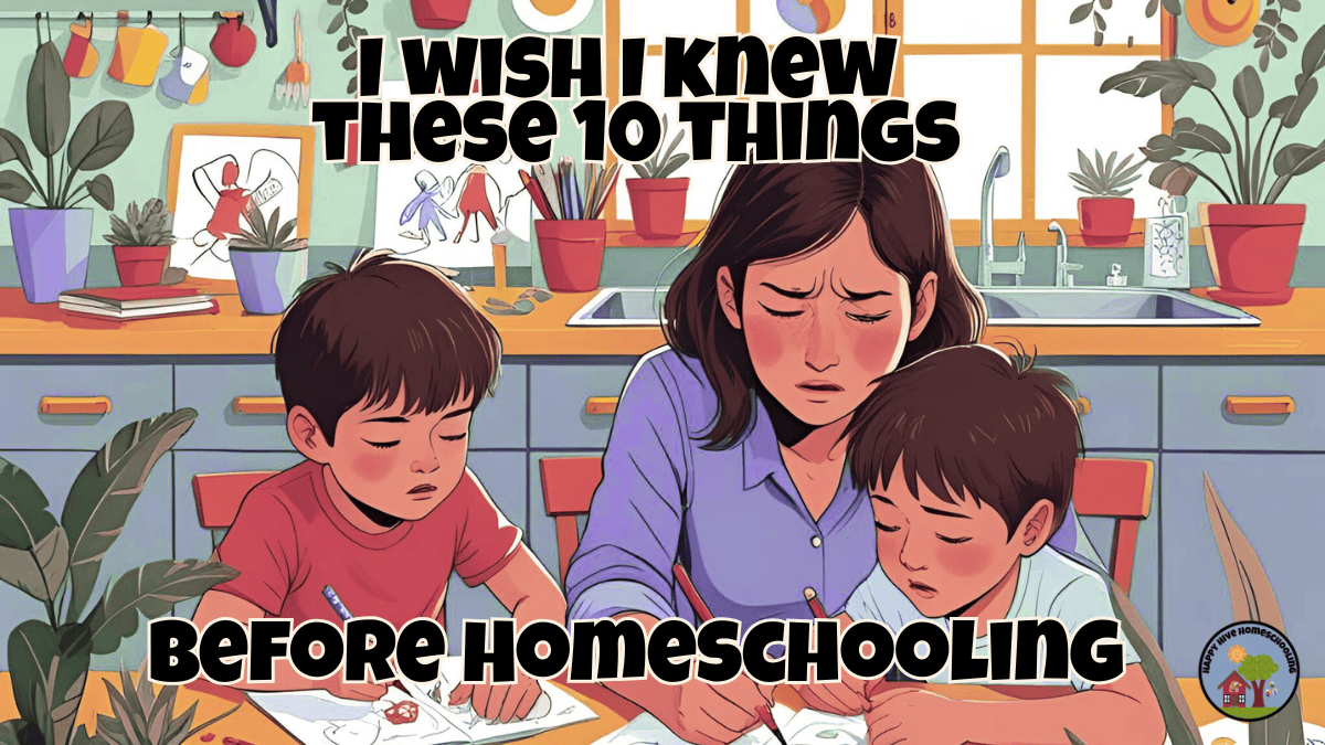 A mother helps her two children with homework at a table, surrounded by plants. Text reads: "I WISH I KNEW THESE 10 THINGS BEFORE HOMESCHOOLING."
